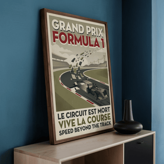 Illustrated race circuit wall art with a car accelerating on a bend and geometric fragments suggesting motion