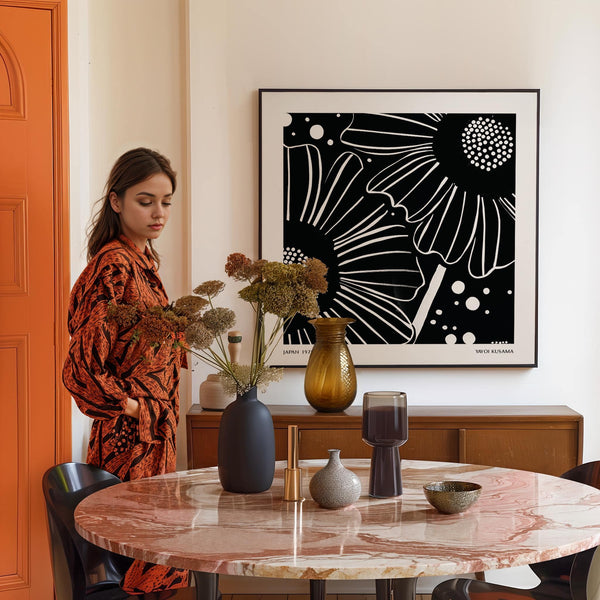 Bedroom wall with elegant Kusama-style black white floral art