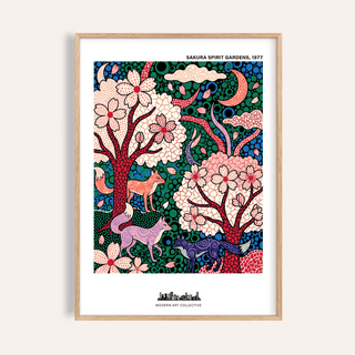 Featuring Sakura Spirit Wall Art poster with cherry blossom trees, crescent moons, and patterned fox-like animals