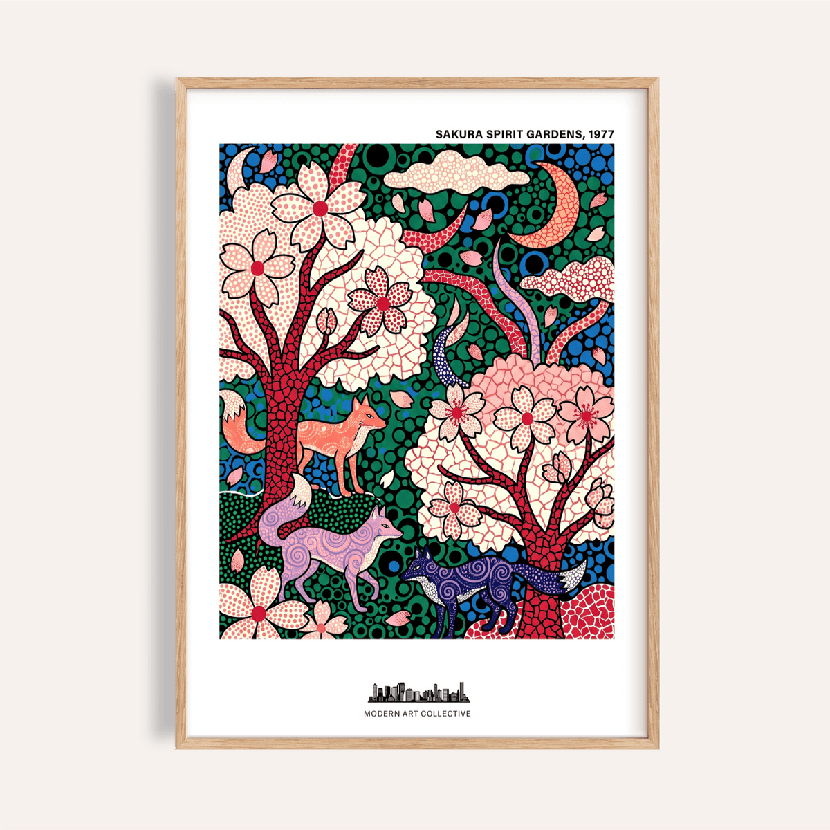 Featuring Sakura Spirit Wall Art poster with cherry blossom trees, crescent moons, and patterned fox-like animals