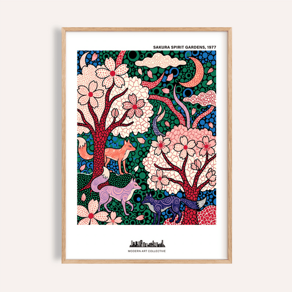 Featuring Sakura Spirit Wall Art poster with cherry blossom trees, crescent moons, and patterned fox-like animals