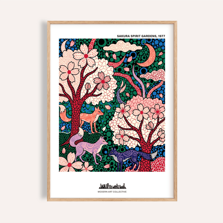 Featuring Sakura Spirit Wall Art poster with cherry blossom trees, crescent moons, and patterned fox-like animals