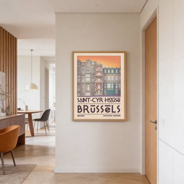 Displaying travel landmark poster print of Saint-Cyr House in Brussels with stylized linework and geometric facade details