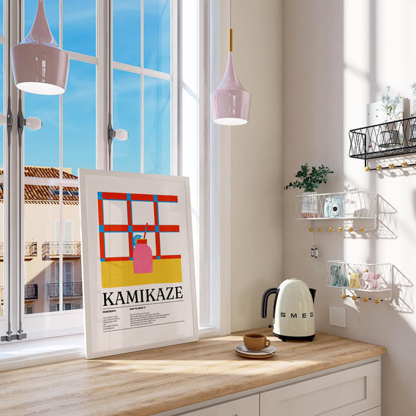 Vibrant pink cocktail glass used in retro wall art drink decor

