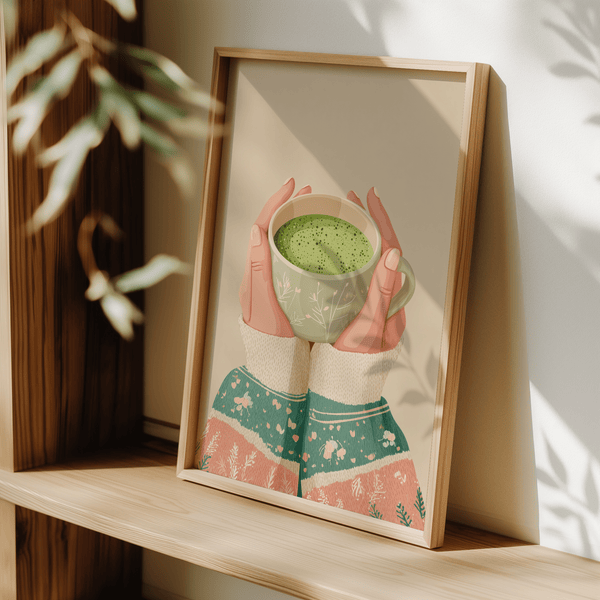 Matcha Tea Art Print wall art with earthy green shades for lounge decor
