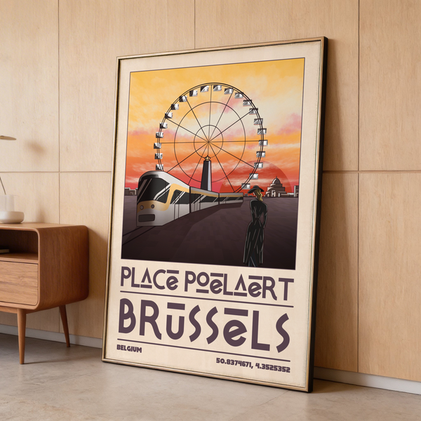 Close-up of Brussels Cityscape Art Print focusing on diagonal tram and wheel spokes