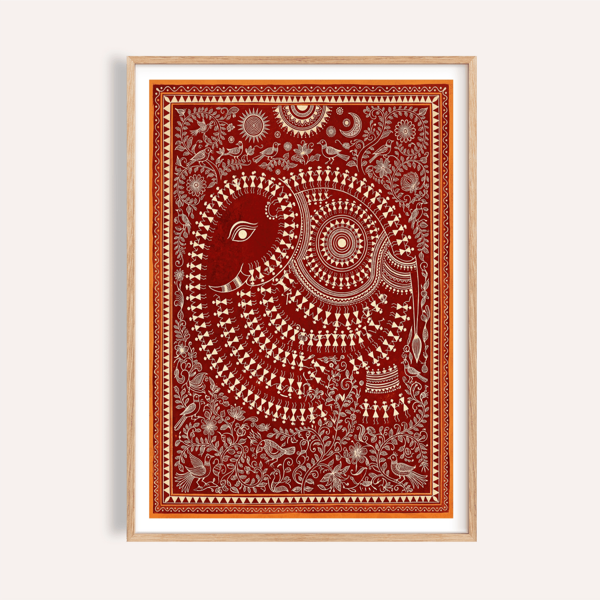 Ornate elephant illustration poster with floral border and birds, Indian Folk Art Poster