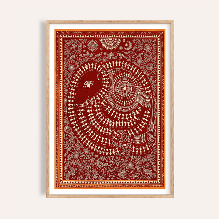 Ornate elephant illustration poster with floral border and birds, Indian Folk Art Poster