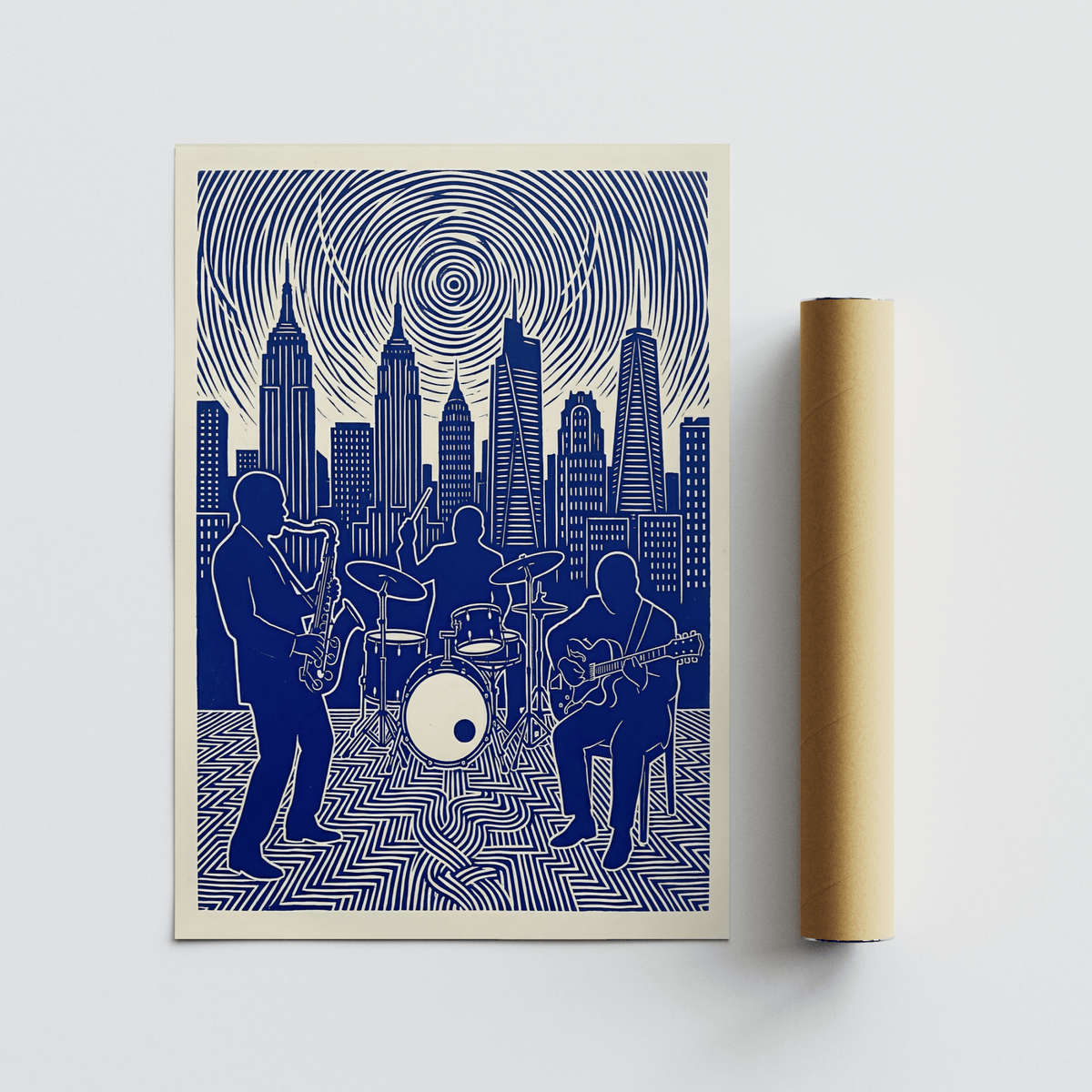 Modern Jazz Band Wall Art print with spiral sky motif and geometric floor pattern