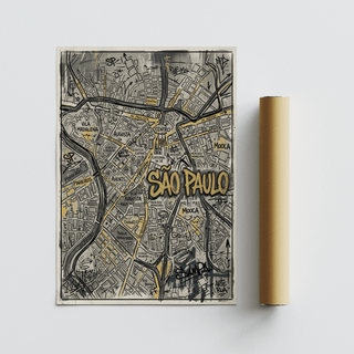Central composition crop of Sao Paulo map print showing bold lettering over street grid
