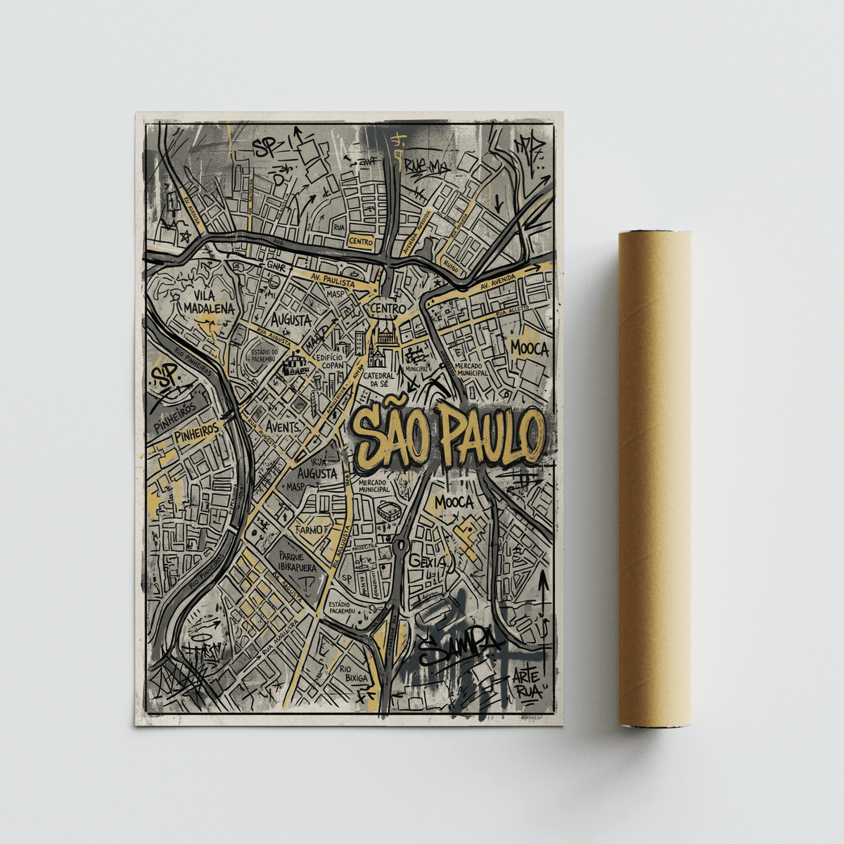Central composition crop of Sao Paulo map print showing bold lettering over street grid