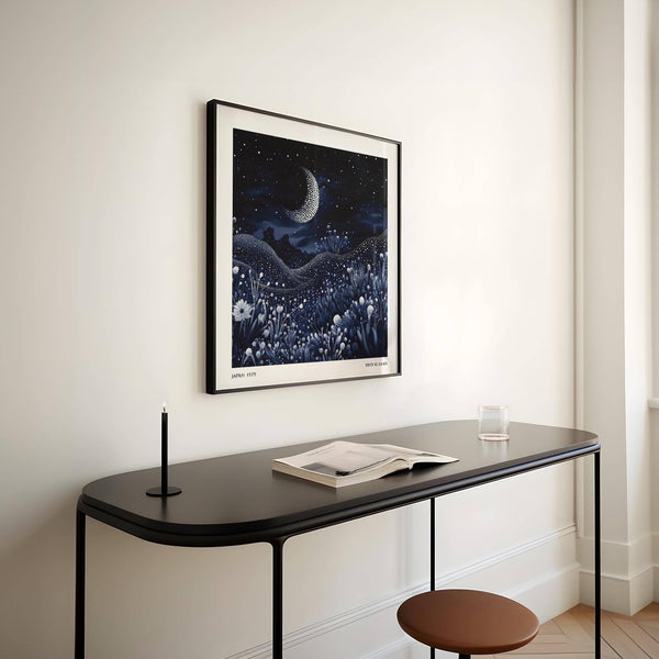 Square surrealist nightscape print with deep blues and twinkling white accents
