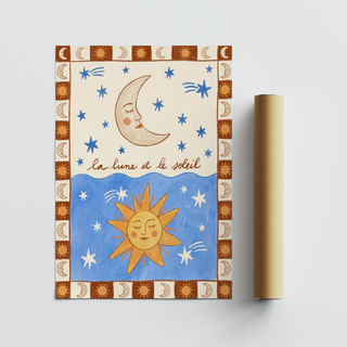 Two panel poster depicting night sky moon above and daytime sun below