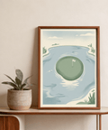 Soft textured poster of golf ball over water near island putting green