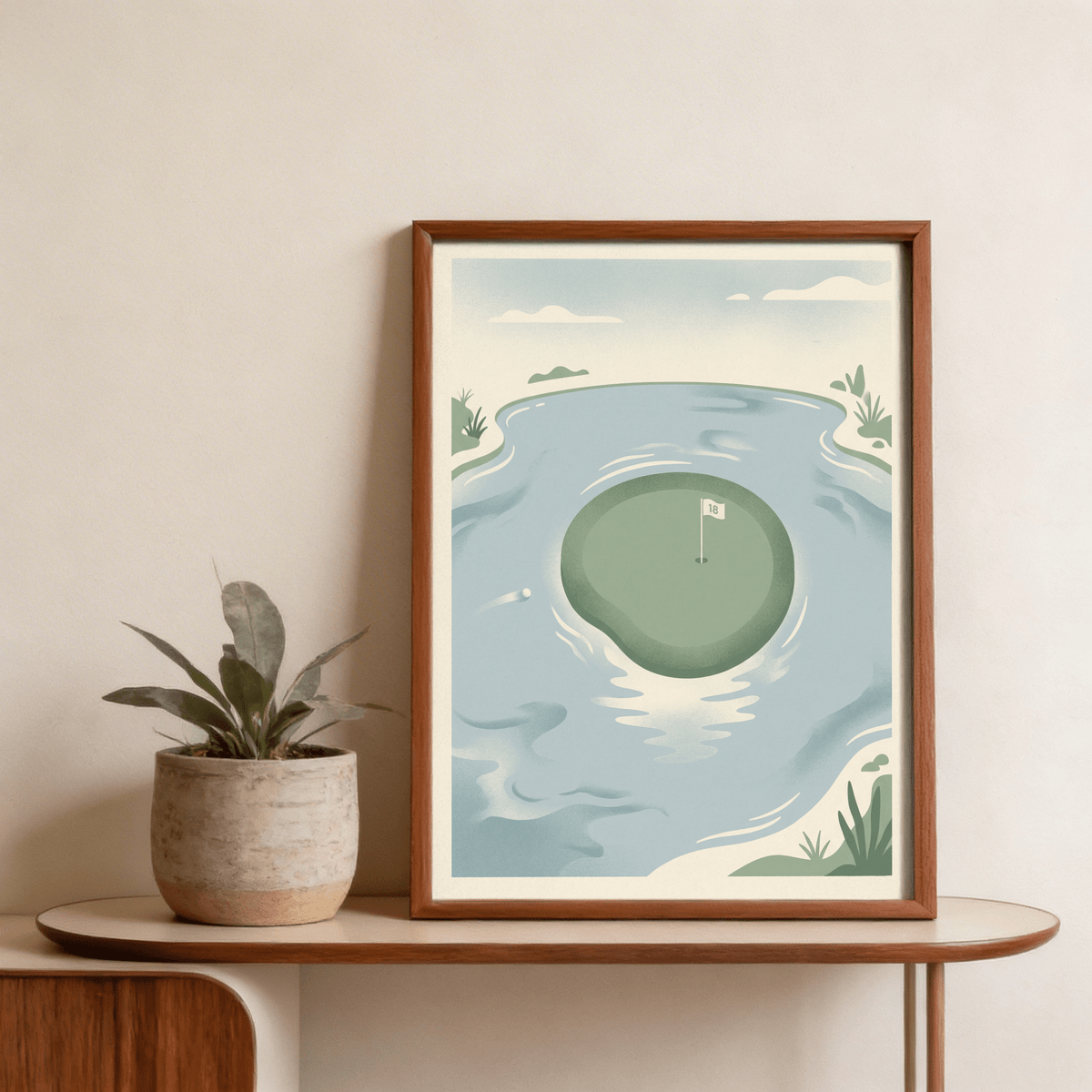 Soft textured poster of golf ball over water near island putting green