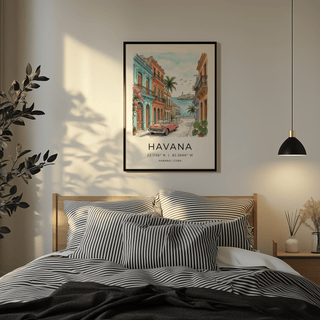 Cityscape wall art print with ornate facades, flowering vines, and a parked vintage car