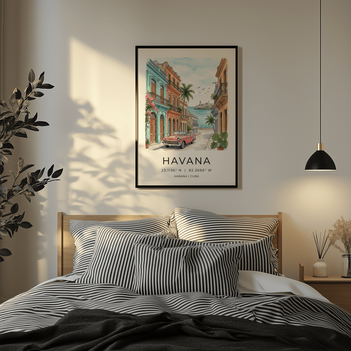 Cityscape wall art print with ornate facades, flowering vines, and a parked vintage car