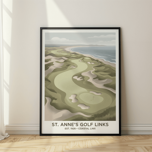 Vintage-style poster print of coastal golf course with dunes, bunkers, and shoreline