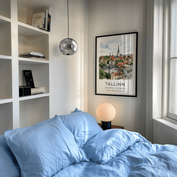 Scenic Tallinn skyline poster with clustered rooftops and church spire wall art