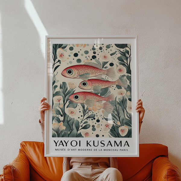 Red and cream Fish Artwork Prints with oversized-eyed fish and leafy shapes.