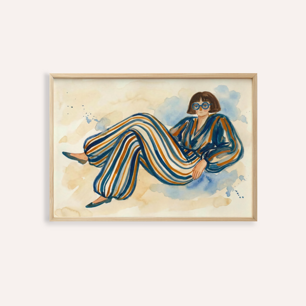Modern Female Illustration wall art in Blue, Orange, Brown, Beige for living room