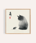 Cat and Mouse print in gray and white, ideal for living room wall art