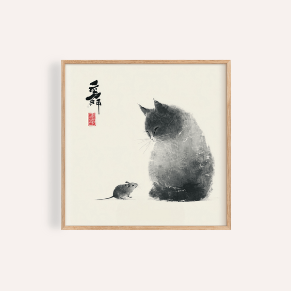 Cat and Mouse print in gray and white, ideal for living room wall art