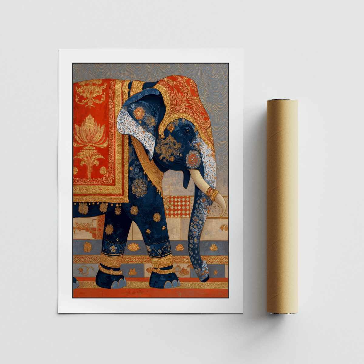 Decorative elephant wall art print with textile drape and swirling background