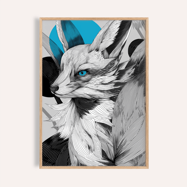 Japanese Fox Print in Blue and Gray for living room wall art