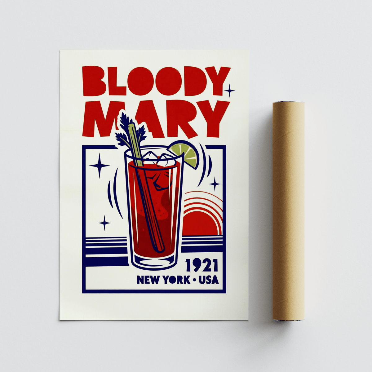 Chic Bloody Mary Poster with Red, Blue tones for kitchen wall art