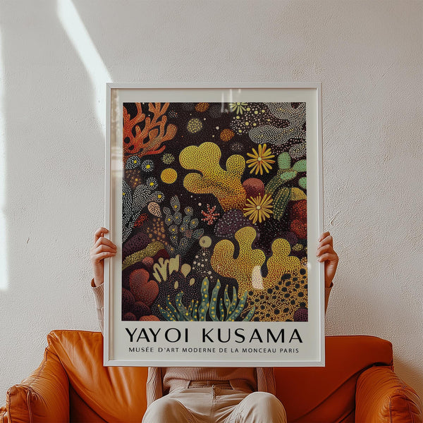Bold sea life art print with yellow and maroon coral forms.