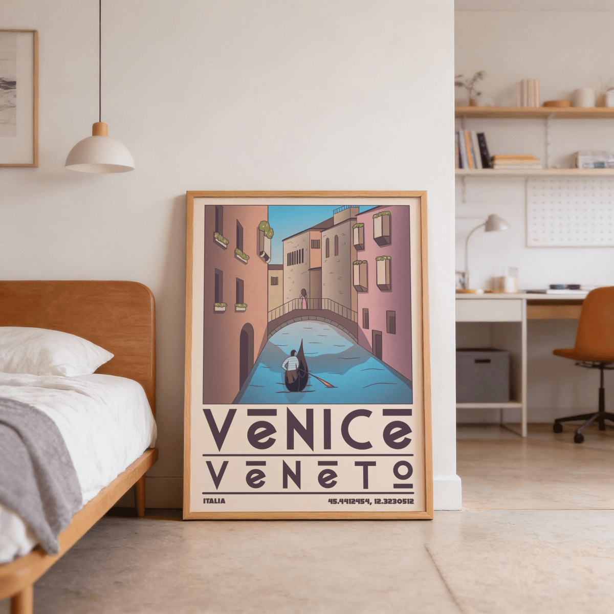 Perspective view wall art print of canal between tall buildings with window planters