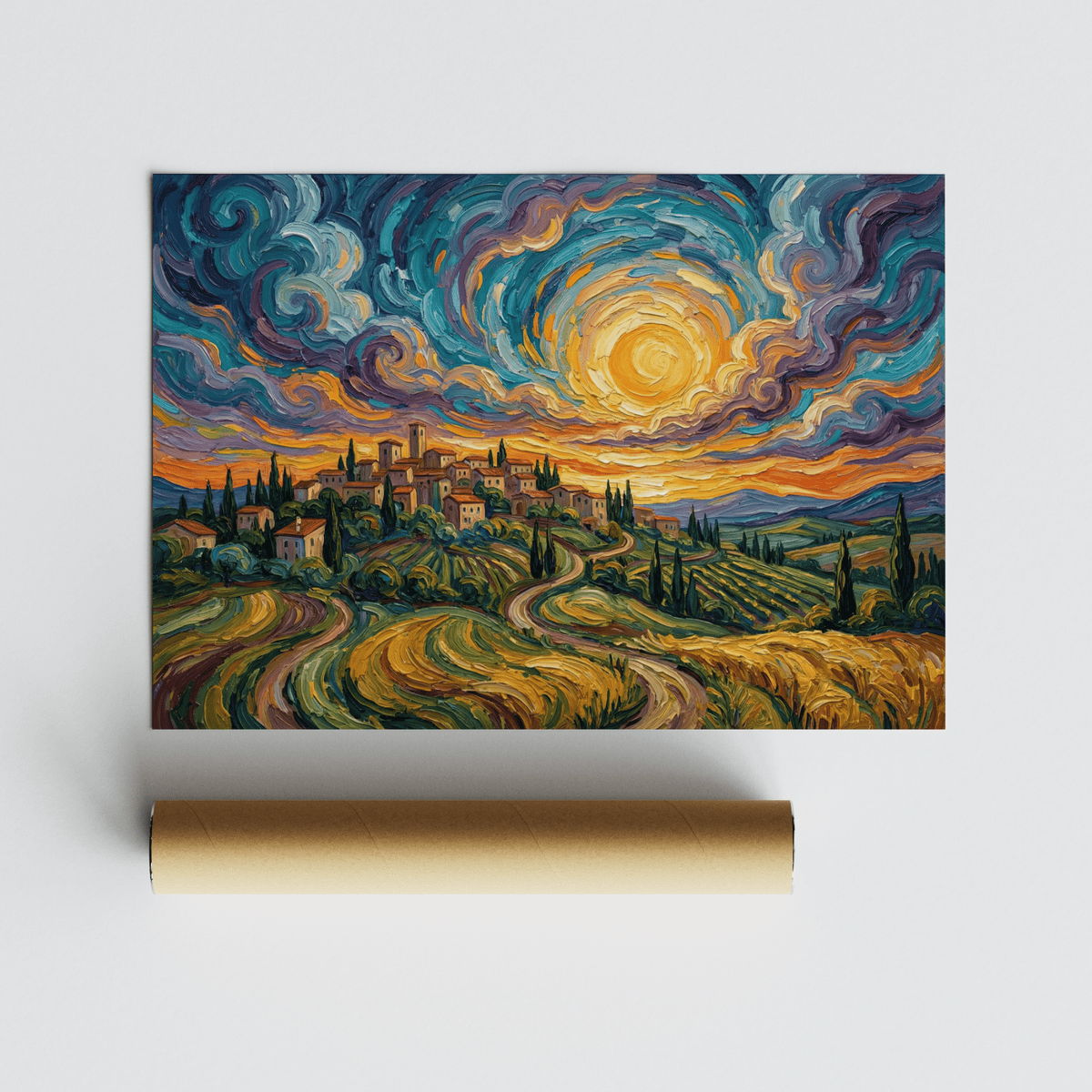 Sunset Scenery Wall Art in blue and green, ideal for modern bedroom print
