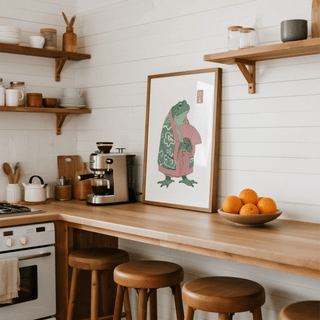 Graphic frog wall art print with robe details, fan ribs, and negative space