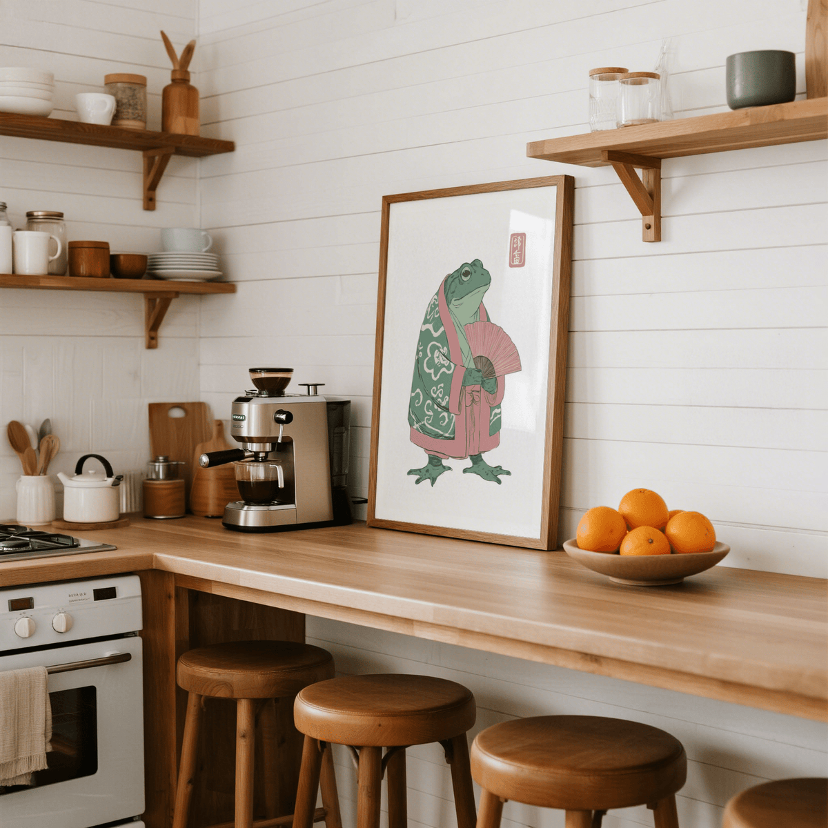Graphic frog wall art print with robe details, fan ribs, and negative space