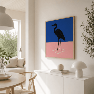 Graphic heron silhouette poster with Blue and Pink background