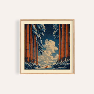 Framed print close-up of a red fox in snowy forest with tall orange trees and blue sky