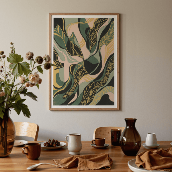 Minimalist Abstract Leaf Art Print in yellow and black for modern loft