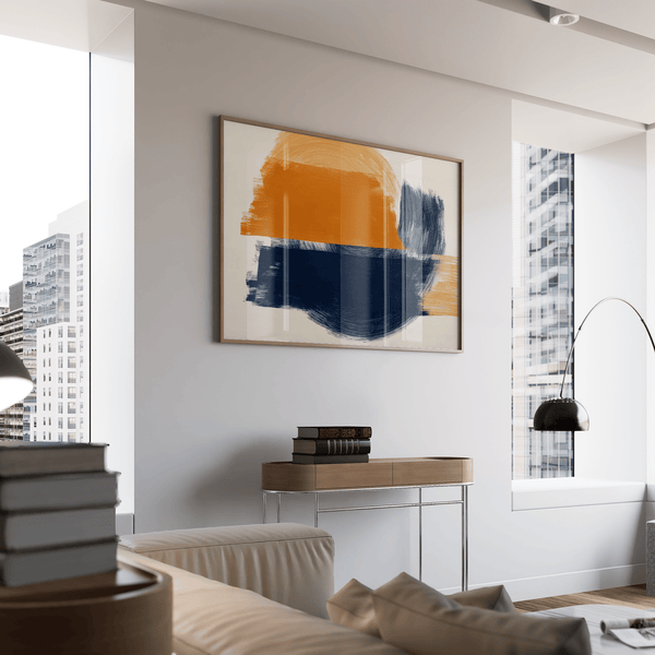 Living room Blue and Orange Abstract Art with dynamic Blue and Orange painted forms poster