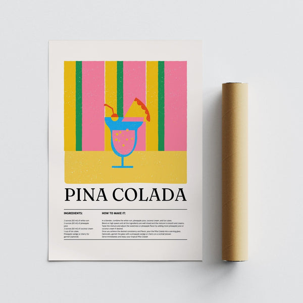 Vintage-style kitchen wall art featuring a Piña Colada recipe.