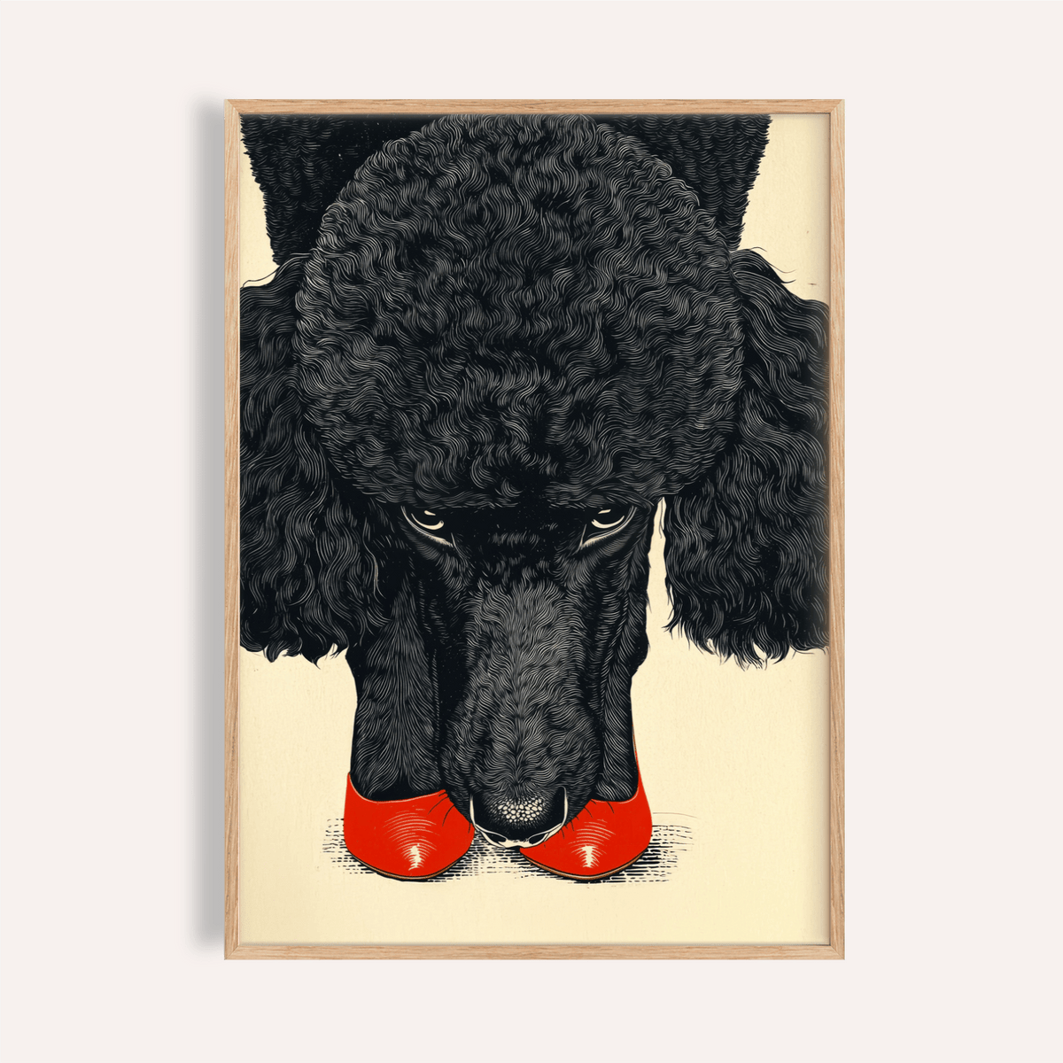 Poodle Wall Art in beige, black, and red for a living room poster