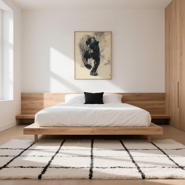 Close-up of traditional Japanese ink art black panther’s focused gaze.