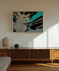 Retro Fox Art Print for living room, showcasing Blue, Black, and Gray