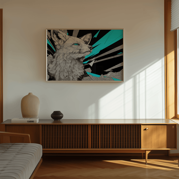 Retro Fox Art Print for living room, showcasing Blue, Black, and Gray