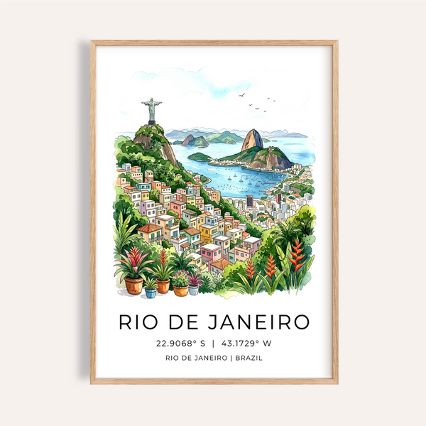 Watercolor cityscape poster of Rio de Janeiro with Christ the Redeemer and Sugarloaf Mountain