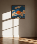 Square Prints for Wall featuring swirling Blue waves and Orange sun for dining room