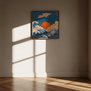 Square Prints for Wall featuring swirling Blue waves and Orange sun for dining room
