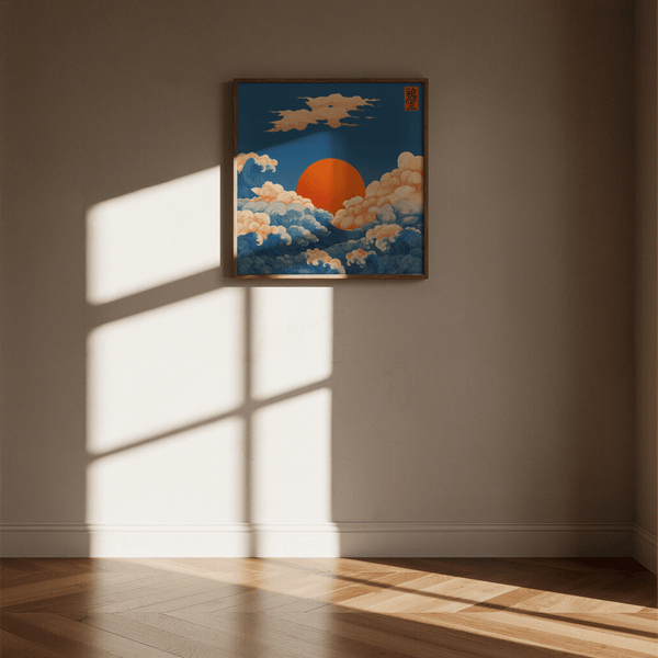 Square Prints for Wall featuring swirling Blue waves and Orange sun for dining room