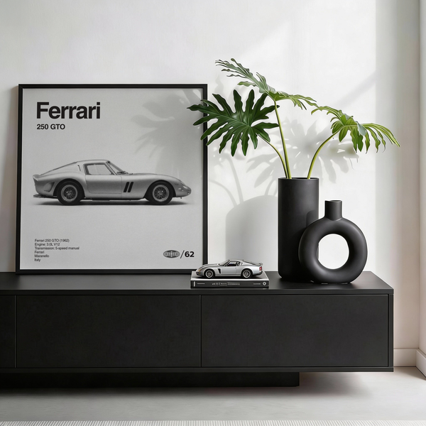 Ferrari Wall Art poster showing 250 GTO for entryway in black, white, gray