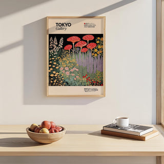 Contemporary Japanese vintage art with bold red-and-white mushrooms